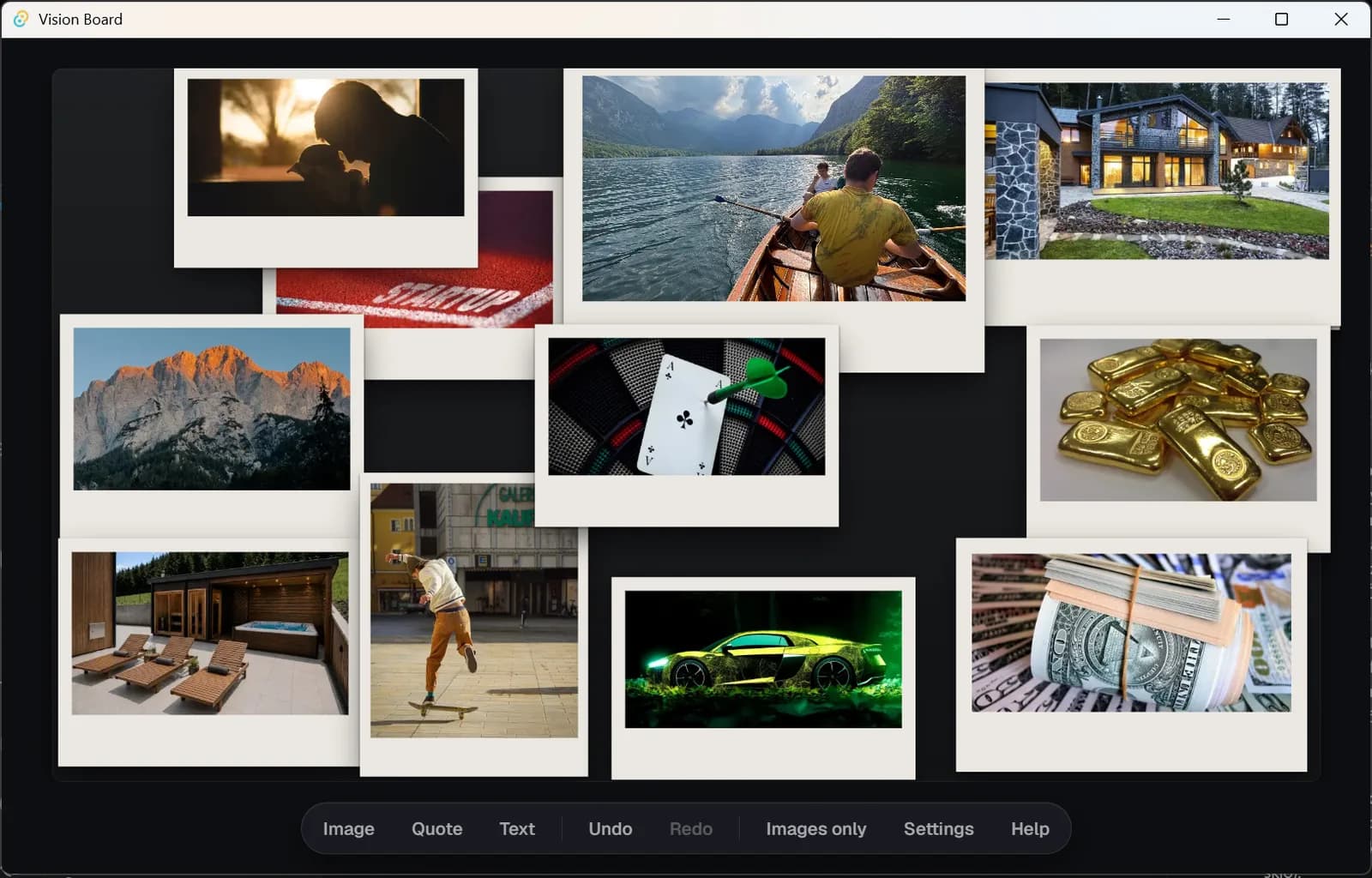The Vision Board window with a board made of photos in polaroid frames